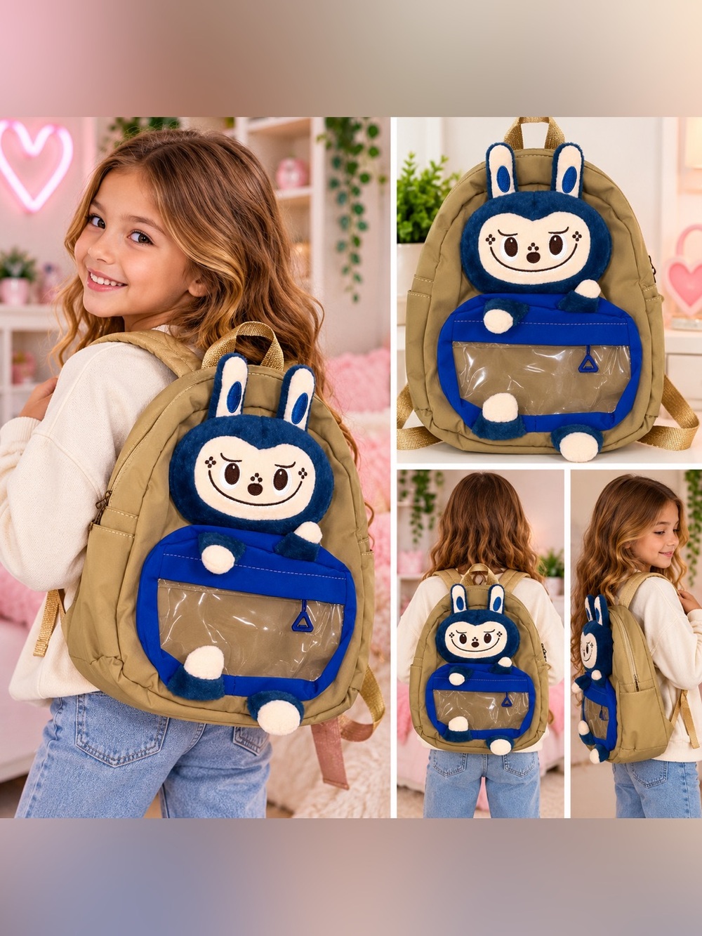 🎒 NWOT Labubu-Style Plush Ita Bag Backpack Khaki Blue Clear Window